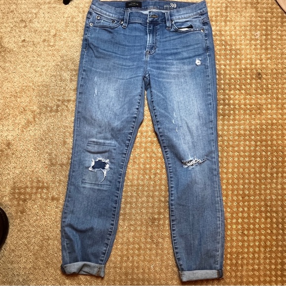 J. Crew Toothpick Skinny Jeans Women's 30 Blue Denim Low Rise Distressed Patches - Picture 1 of 11
